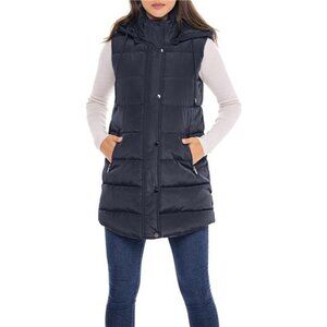 Women's Long Puffer Vest, Quilted Faux Down Filled Hooded Vest, Navy